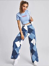 Jeans mit weitem Bein und Farbblock-Argyle-Print